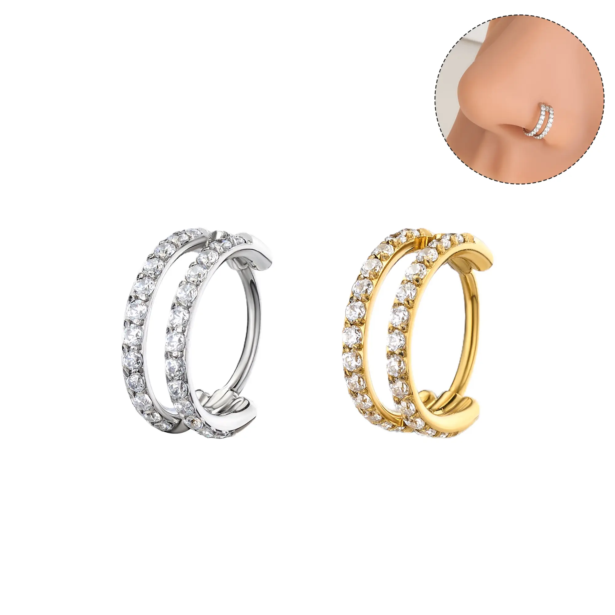 Oufer 20G Hinged Segment Aligned CZ Double Hoop Nose Ring 316L Stainless Steel Nose Rings for Women Oufer 20G Hinged Segment Aligned CZ Double Hoop Nose Ring 316L Stainless Steel Nose Rings for Women