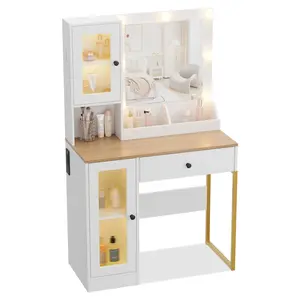 Elegant Makeup Vanity Desk with Mirror and Lights, Vanity Table Featuring Drawers and Cabinets for Storage, Sturdy MDF Top, Adjustable Brightness Bulbs, Built-In Power Outlet and USB Ports for Bedroom