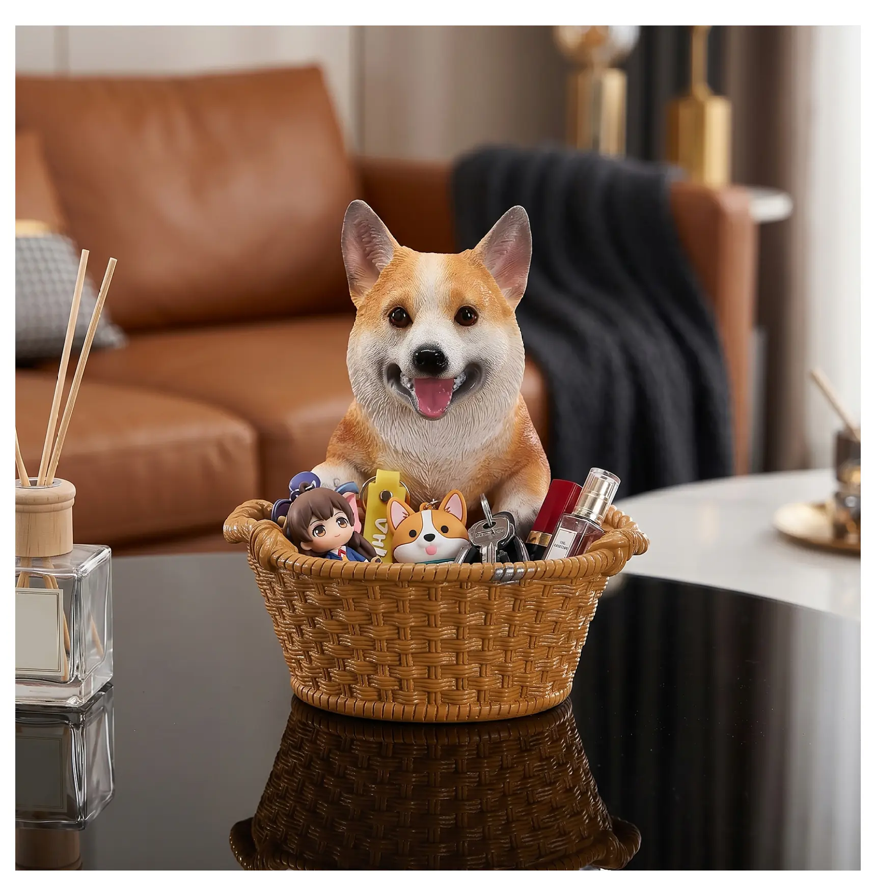 Playful Compact Red Shiba Inu Resin Statue with Storage Basket, 3 Inches Deep Akita Puppy Mini Figurine, Desk Display Home Decor Ornament, Gift for Dog Lovers (Orange Multi Resin), Animal Decorations Figurines