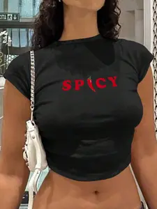 Women's Spicy Letter Print Round Neck Crop Tee, Letter Print Top, Street Fashion Casual Short Sleeve T-Shirt for Daily Holiday Vacation Outdoor Wear, Ladies Clothes for Summer