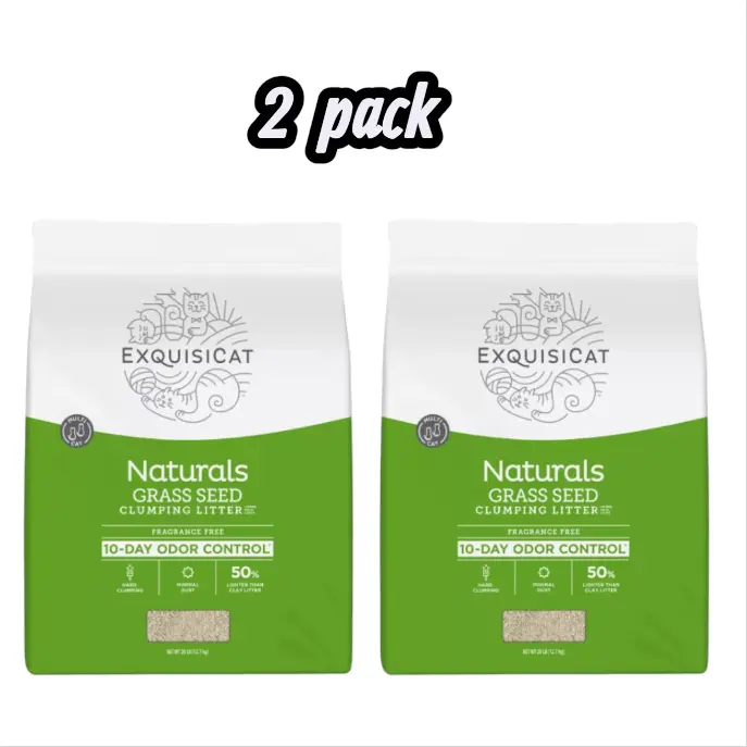 ExquisiCat Litter Clumping Multi-Cat Grass Seed Cat Litter - Unscented, Low Dust, Natural, 2 pack, 28 Lb, Easy Clean Litter, Premium Cat Litter, Pet Cat Litter, Indoor Cat Litter, Household Cat Litter, Cat Box Litter, Long Lasting Litter