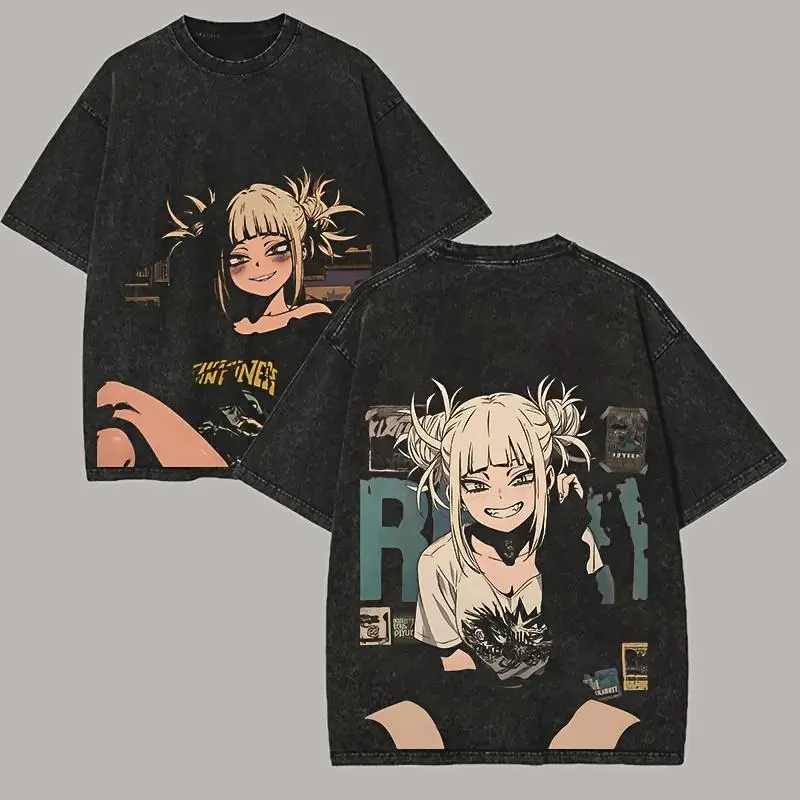 Men's My Hero Academia Himiko Toga Graphic Washed T-Shirt - Unisex Casual Distressed Round Neck Short-Sleeve Streetwear Top, Father's Day Gift, Vintage All-Seasons Menswear