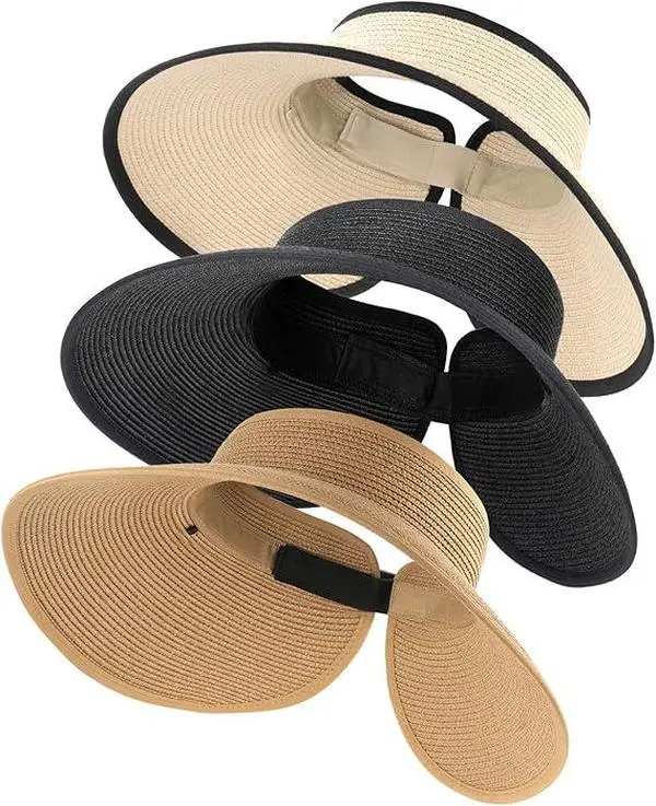 3 PCS Sun Visor Hats for Women Wide Brim Pontytail Summer Beach Hats