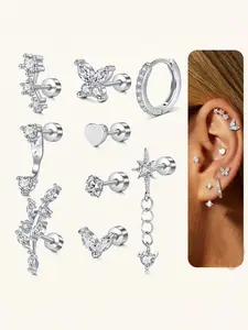 9 Pcs Hypoallergenic Flat Back Earrings for Women Cartilage Earring Stacks Stainless Steel Earring Stacks Set Silver/Gold  Small Flatback Stud Hoop Earring Set for Cartilage and Helix Piercing Jewelry Trendy