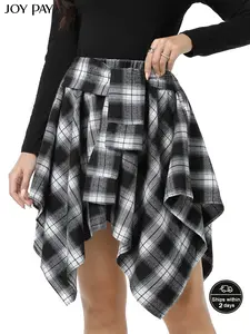 JOY PAY Women's Fashion Plaid Print Asymmetrical Hem High Waist Skirt Casual Comfort Elastic Waist Tiered Layer Knee Length Skirt for Summer Going Out Streetwear Trendy Plaid Skirt Everyday Bottom Womenswear Chic