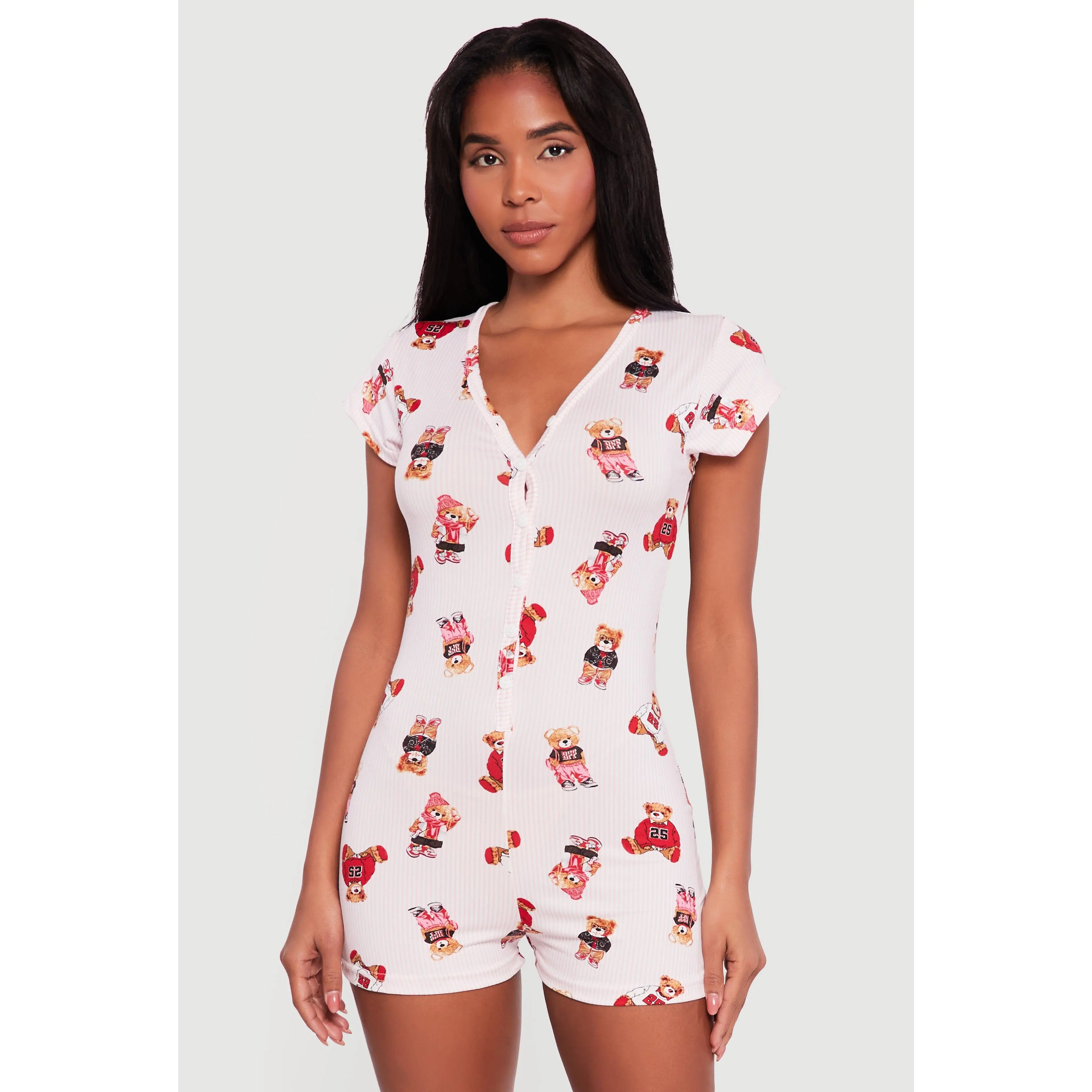 Striped Teddy Bear Print Pajama Romper