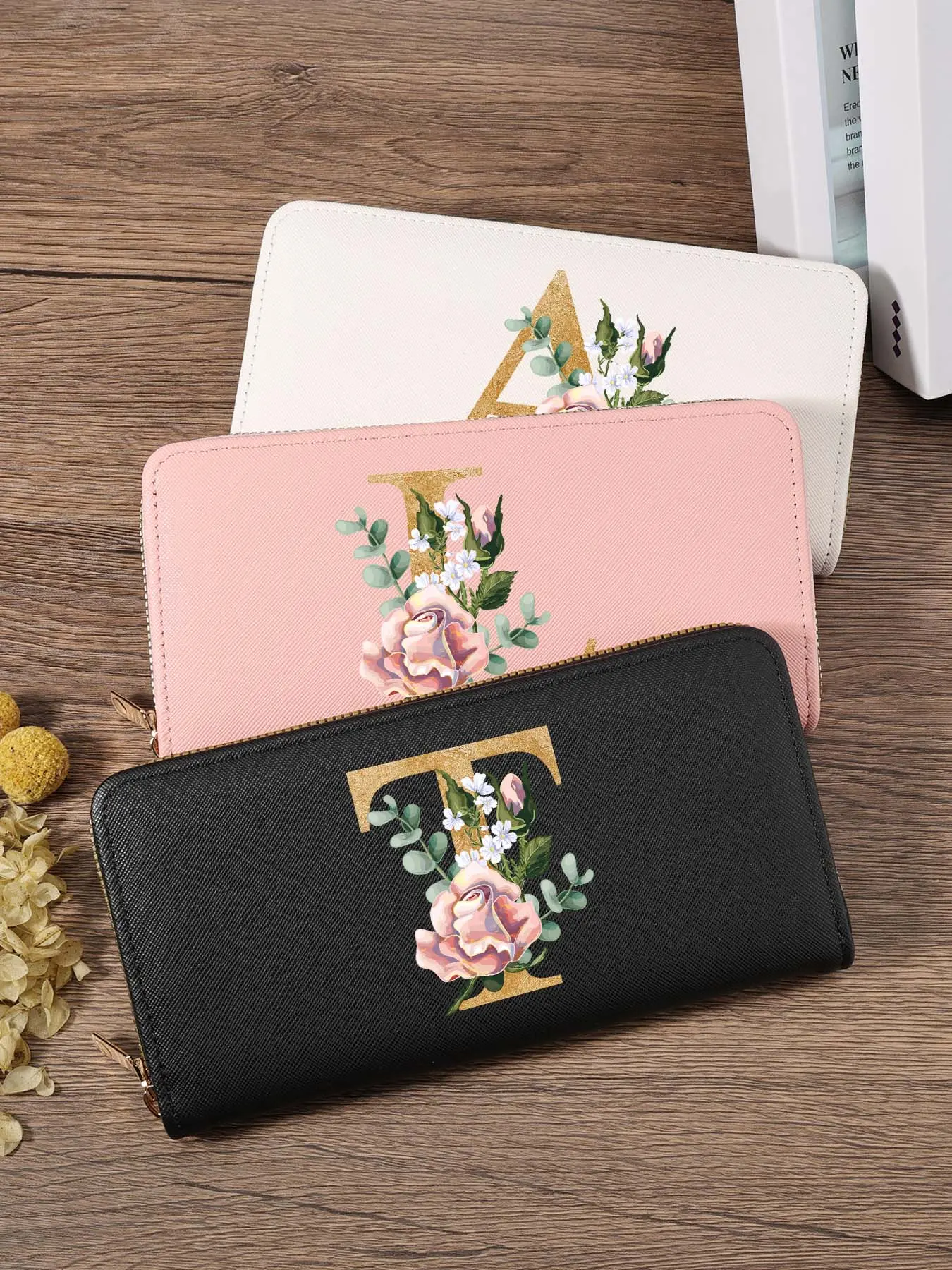 Elegant Initial Floral Rose Long Zipper Wallet, Stylish Large Capacity Monogram Clutch Bag Portable Lightweight Multi-Slot Card Holder for Daily Life
