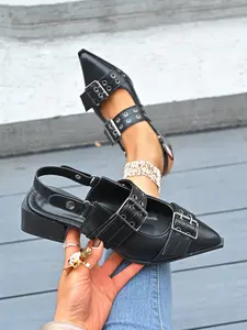 Women's Punk Style Metal Buckle Pointed Toe Low Heel Chunky Mary Jane Shoes, Casual PU Upper, Sweet Cool Fashion for All Seasons