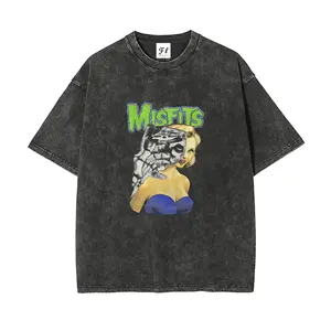 Vintage Washed Misfits Horror Graphic T-Shirt, Oversized Black Cotton Tee with Retro Pin-Up & Skeleton Print, Hip Hop Streetwear Casual for Men & Women