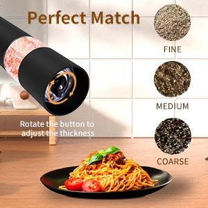 Electric Salt and Pepper Grinder Set of 2, Adjustable Coarseness, Battery Powered, LED Light, One Hand Operation, Black