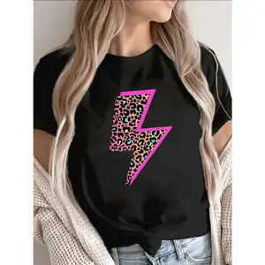 Womens Graphic Tee Leopard Print Lightning Bolt Short Sleeve Crewneck Tshirt Casual Loose Fit Soft Cotton Top For Summer Streetwear Outfit