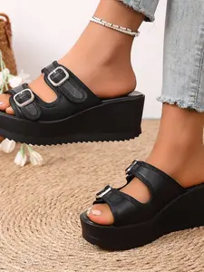 Women's Thick Sole Sandals Summer Outdoor Height Increasing Beach Slippers, PU Leather Solid Color Fashion Footwear