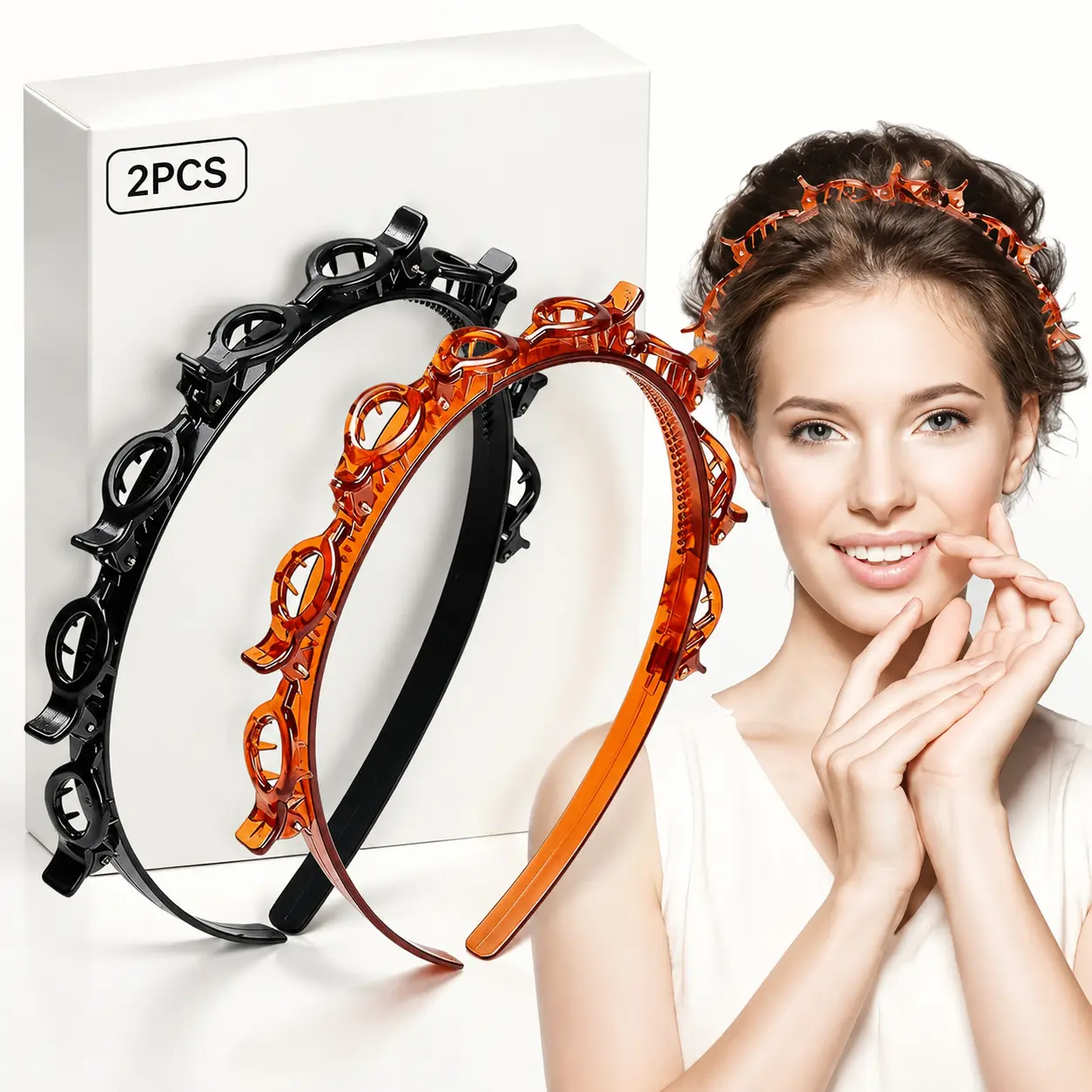Headbands with Clips for Creative Styles, 2 Pack Glossy Toothed Hair Braid Tool for Women Girls, Black and Brown, Heatless Curls, Clip-On Ease, Toothed Edge, Easy To Wear, Exquisite Detail