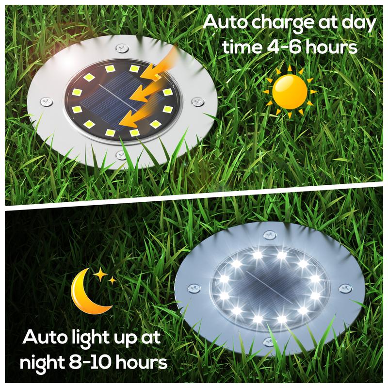 Solar Outdoor Lights, 12 LEDs Solar Garden Lights/IP65 Waterproof/Warm&White Super Bright in-Ground Lights/Solar Disk Lights for Garden&Yard&Walkway&Pathway&Lawn&Driveway&Patio&Pool&Outdoor(8/12Pack)