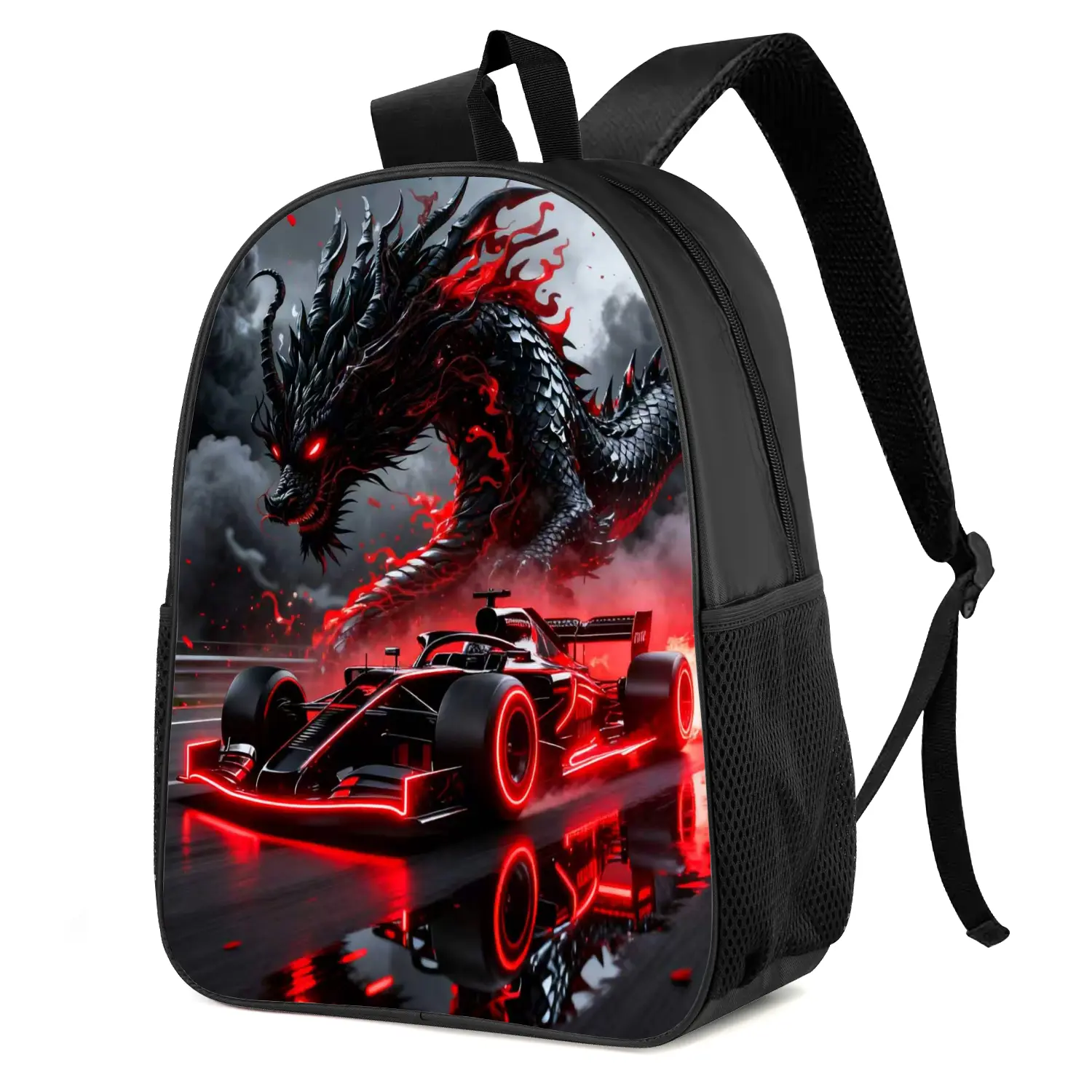 B199 Red Dragon Race Car Print Backpack, Casual Daypack for School Travel