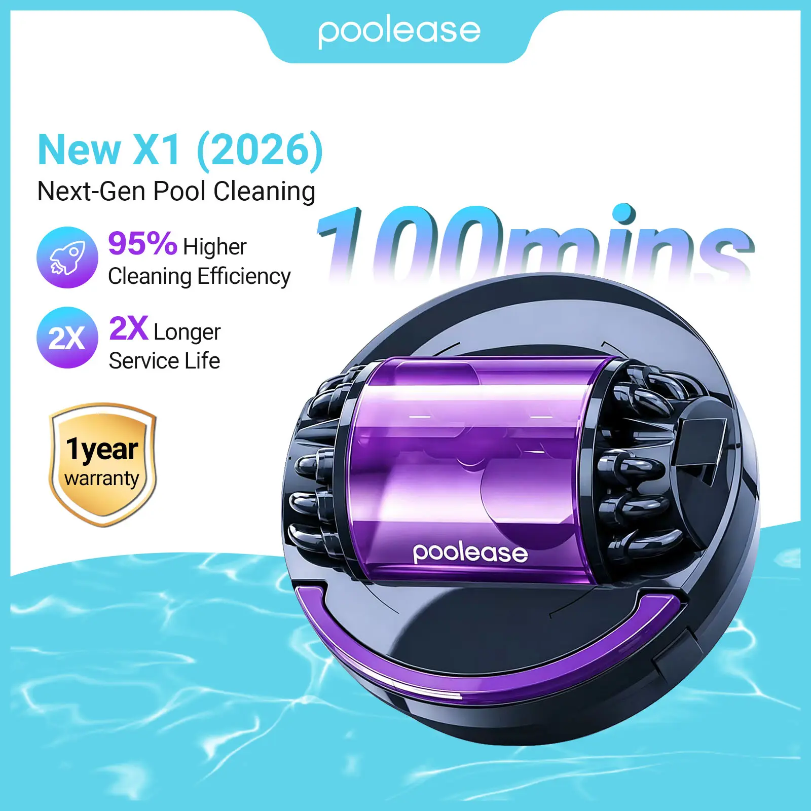 Poolease X1 Robotic Pool Vacuums for Above/Flat In-Ground Pools up to 960 Sq.Ft with 100 Min Runtime, Auto Park Cordless Pool Cleaner with Dual-Motor 2L Capacity, Ideal for Home Pool