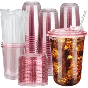 100 sets of 16-ounce disposable handleless plastic cups, equipped with lids without straws, transparent PET coffee cups, suitable for iced coffee, smoothies, cold drinks, Halloween, Christmas, parties, and beverage shop supplies (pink (16 ounces))