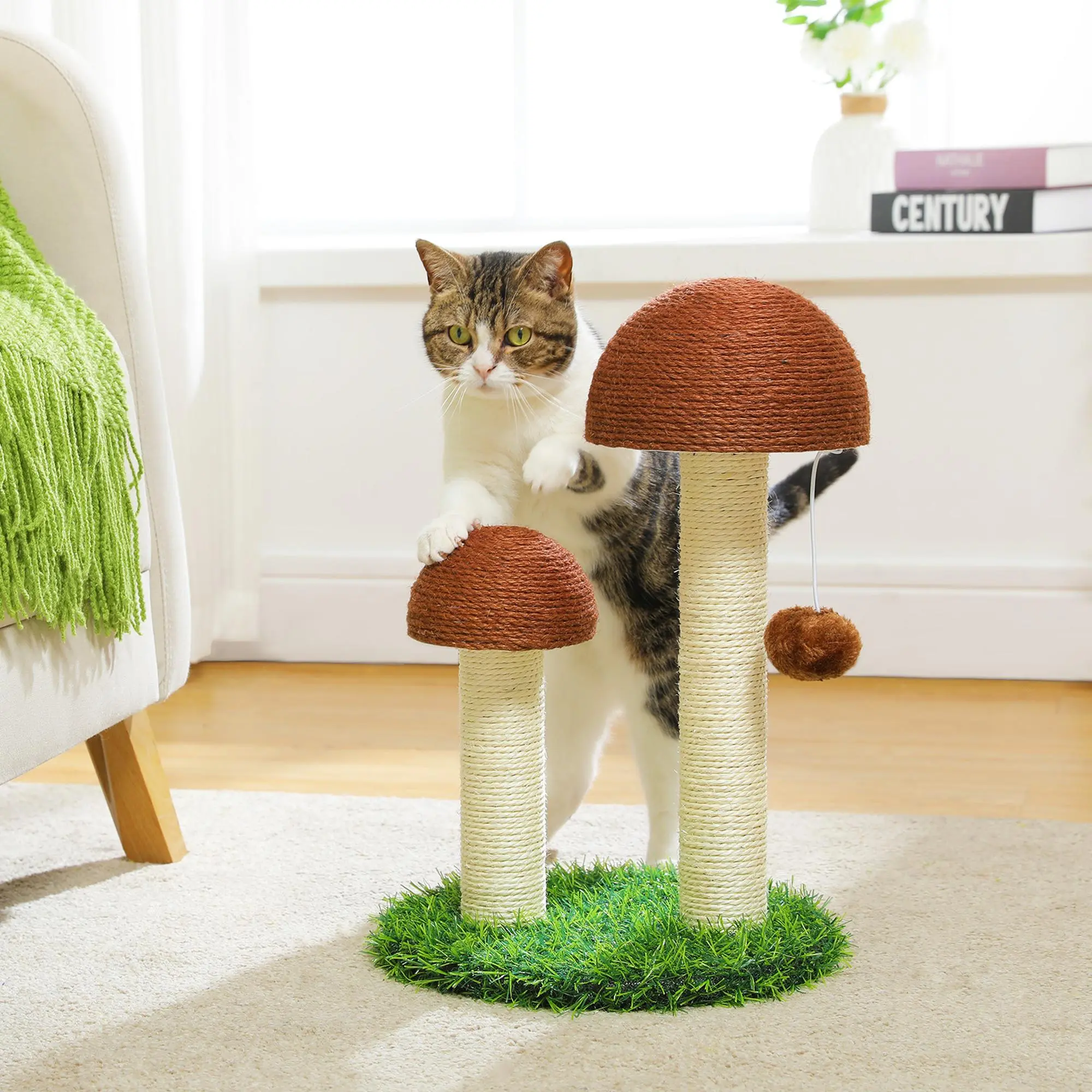 Mushroom Cat Scratcher Pole with Natural Sisal Scratching Post and Interactive Toy Ball