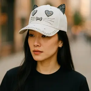 "Cat Ear with Big Eye" Bling Bling Trucker Hat - Jeweled, Snapback, Adjustable, UV Protection.