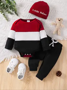 Baby Newborn Colorblock Knit Set with Romper Hat Long Pants, Casual Trendy Design, Warm Comfortable Striped Fabric, Easy Wear Snap Closure