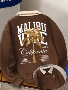 Men's Fall Winter Letter Print Polo Neck Graphic Sweatshirts, Casual Outdoor Fitted Pullover, Half Button Design, Moderate Fabric