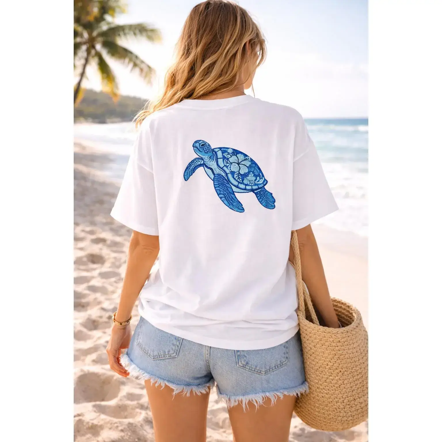 Women's Modest Islamic Cotton Tshirt - Oversized, Loose-Fitting, Short-Sleeve Round Neck Casual Wear Top with Ocean Turtle Embroidery, Tee