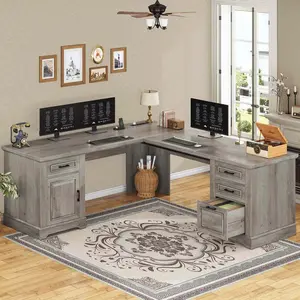 Sikaic 69 Inches L Shaped Computer Desk Grey Furniture Storage Ergonomic Drawer Wood Organizer Office Design