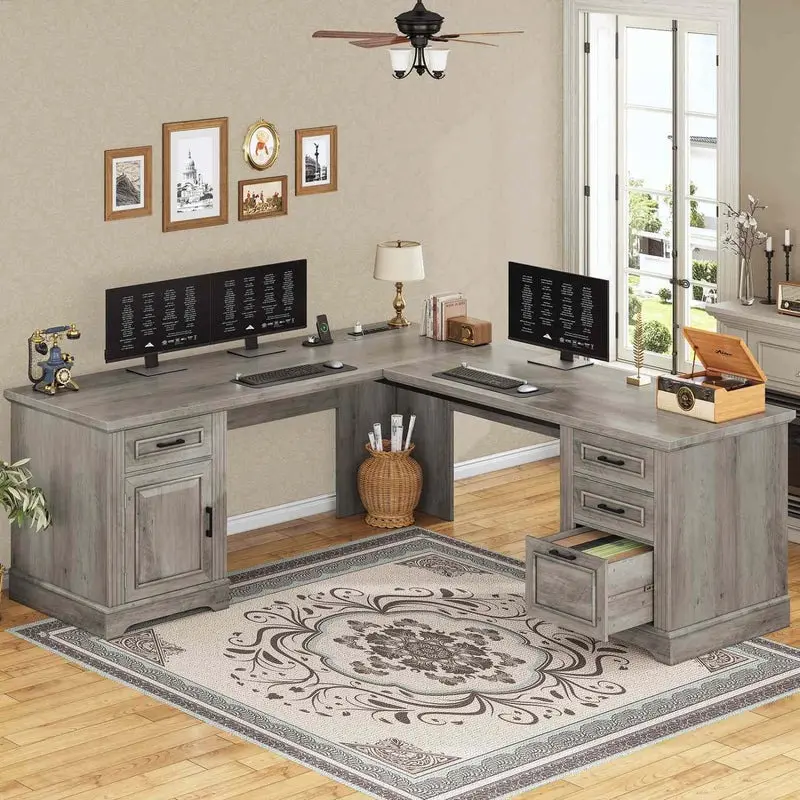 Sikaic 69 Inches L Shaped Computer Desk Grey Furniture Storage Ergonomic Drawer Wood Organizer Office Design Executive Desk
