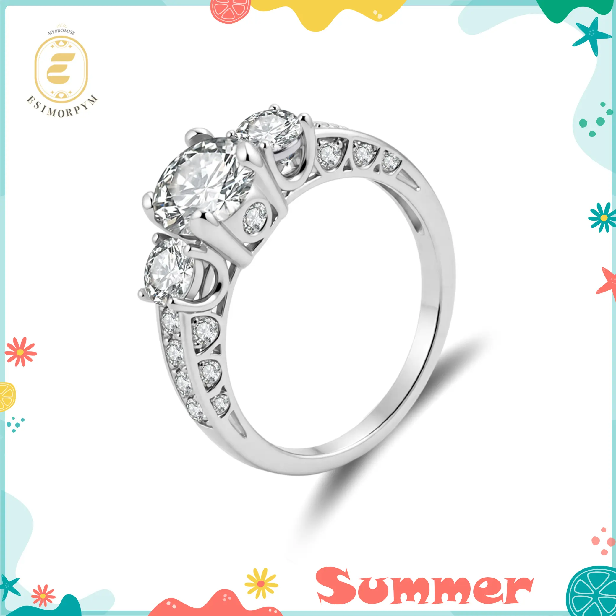 Moissanite 1.98ct Endless Love Three-Stone Ring Silver-Plated Round Cut Birthday Wedding Engagement Anniversary Valentine's Day Birthday Gift Daily Wear