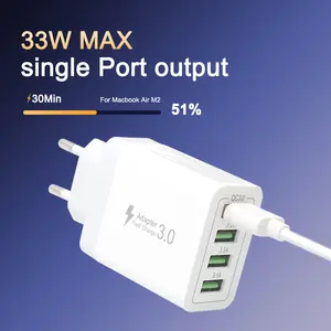 33W MAX 4 in 1 USB Charger Adapter with 4-Multi Port Fast Charging Block Box for iPhone iPad Power Cube Base Brick 30Min Charge Time Compact Portable Efficient Design