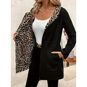 Women's Two-Way Reversible Hooded Zip-Up Jacket - Leopard Print & Solid Black Casual Long Coat with Belted Waist, Machine Washable Spring/Fall Outerwear, Fall Layering, Stylish Hoodie, Durable Fabric, Fashion Lovers