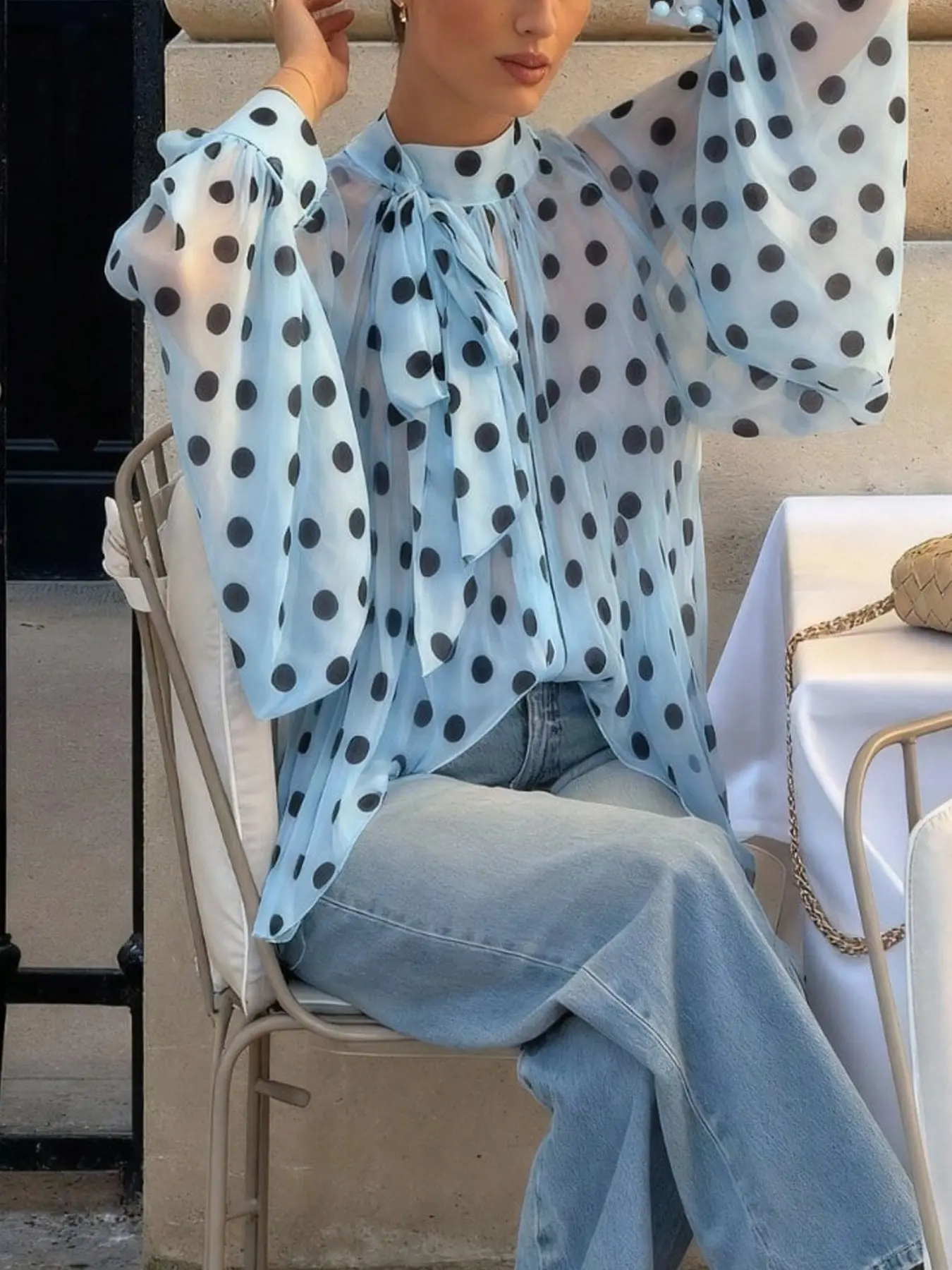 brown polka dot top with scarf - TikTok Shop