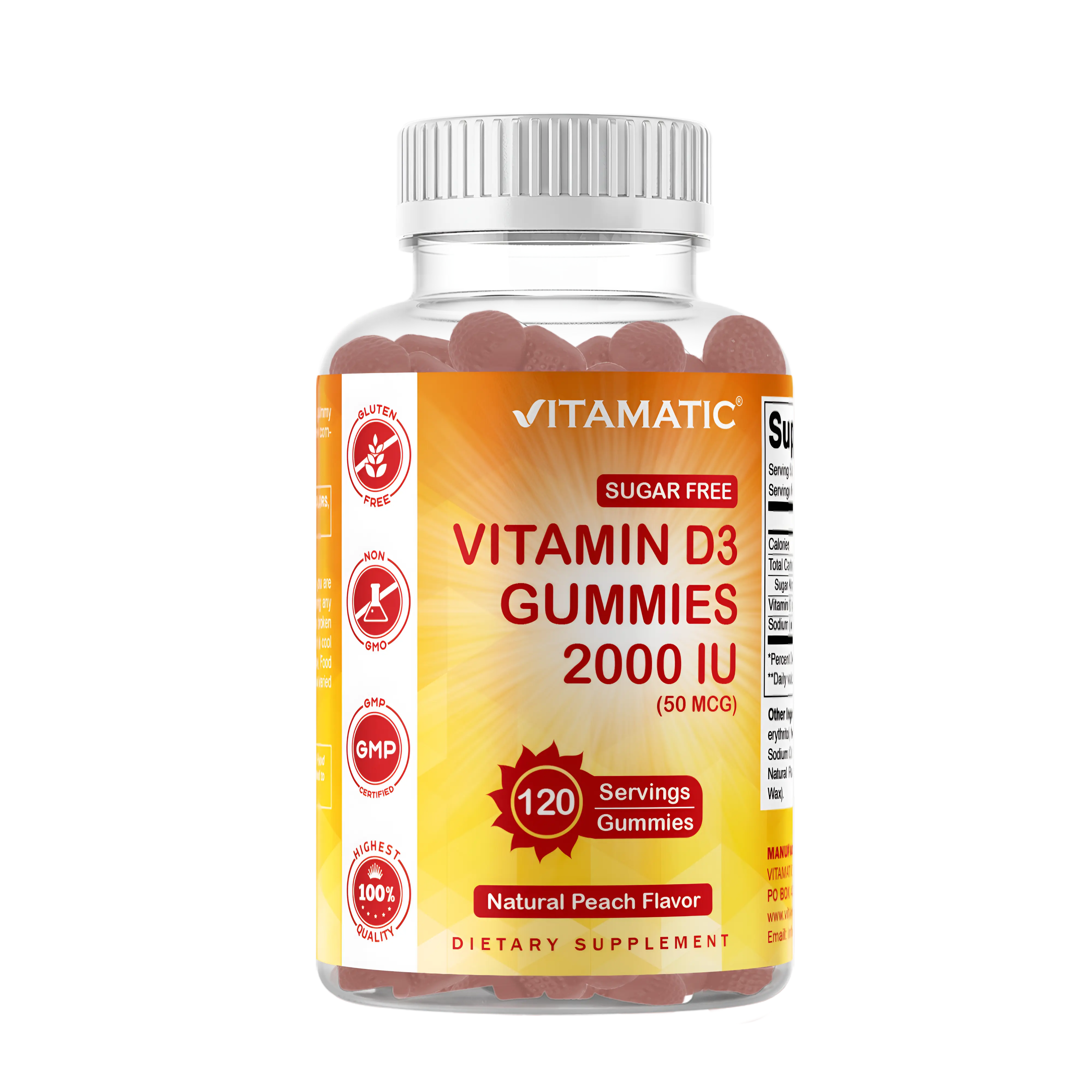 Vitamatic Sugar-Free Vitamin D3 2000 IU Chewable Pectin-Based Gummies, 120 Count, Natural Peach Flavor, All Natural Supplement, Edible Dietary Vitamin for Healthcare & Bone Health, Non-GMO, Gluten-Free