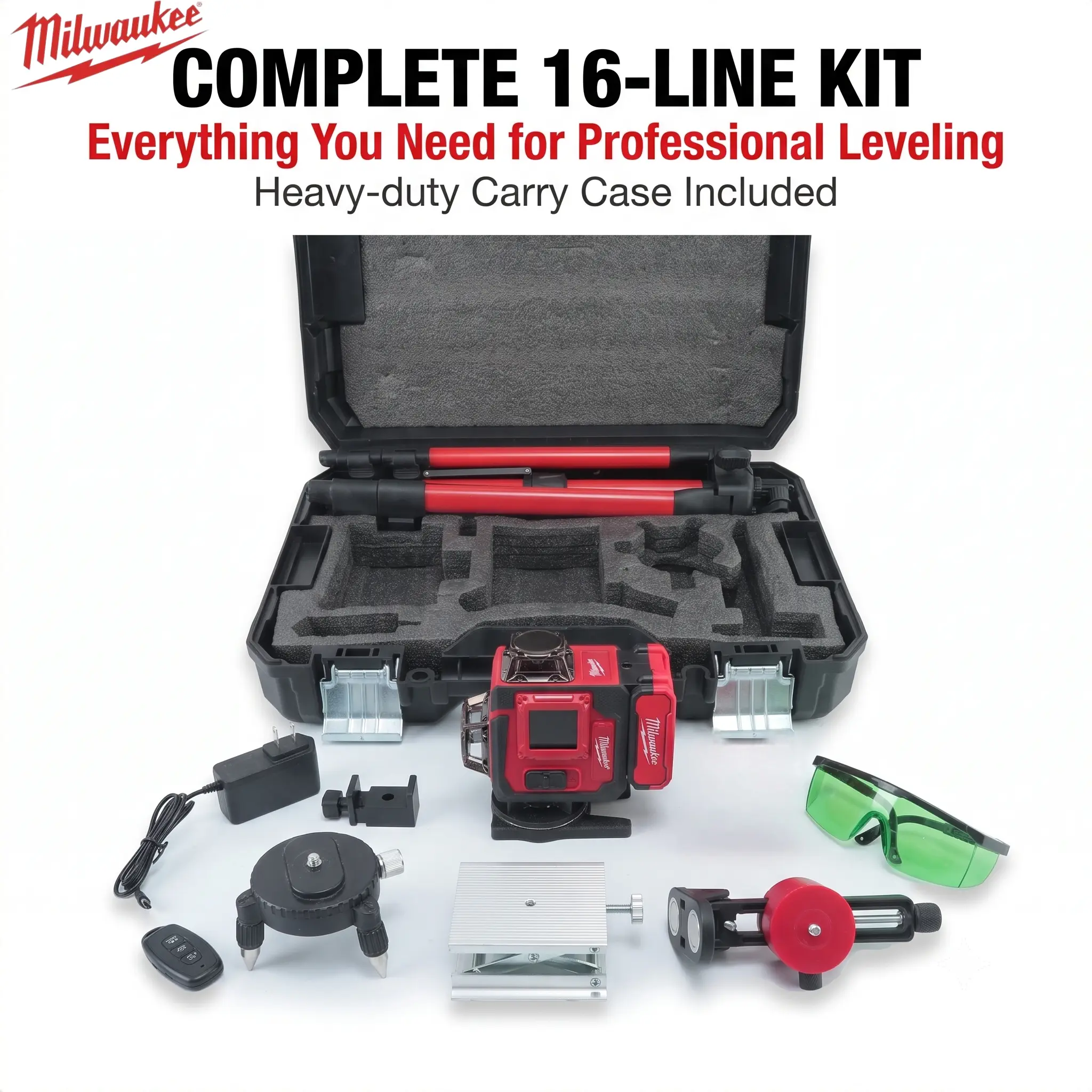 Milwaukee 2026 16-Line Laser Level Kit - Professional-Grade 3-Side 360-Degree Vertical Grip Leveling Tool for Floor, Wall Construction, Heavy Equipment; Dewalt DCF900 Impact Wrench, DCB612 Battery Compatibility remover bolting