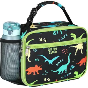 F-LBK37 Kids Lunch Bag Boys - Kids Lunch Box for Boys Reusable and Insulated Lunch Bag Toddler Lunch Box for Daycare and School, Black Dinosaur (Water Bottle Not Included)