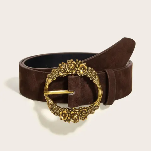 Vintage Boho-Style Belt with Round Gold-Tone Buckle, Women's PU Leather Waist Belt for Jeans, Parties, and Everyday Outfits, Casual Western Accessory