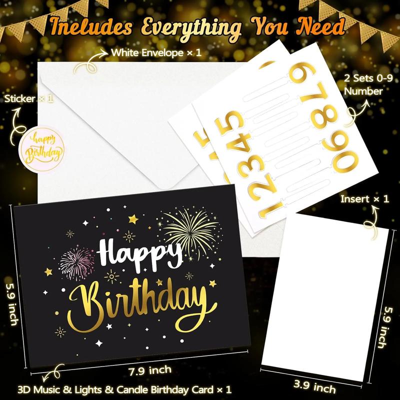 DIY Age Birthday Cards, 3D Pop-Up Firework Birthday Cards with Music & LED Lights, Happy Birthday Gifts for Mom, Women, Men, Kids, Dad, Father, Wife