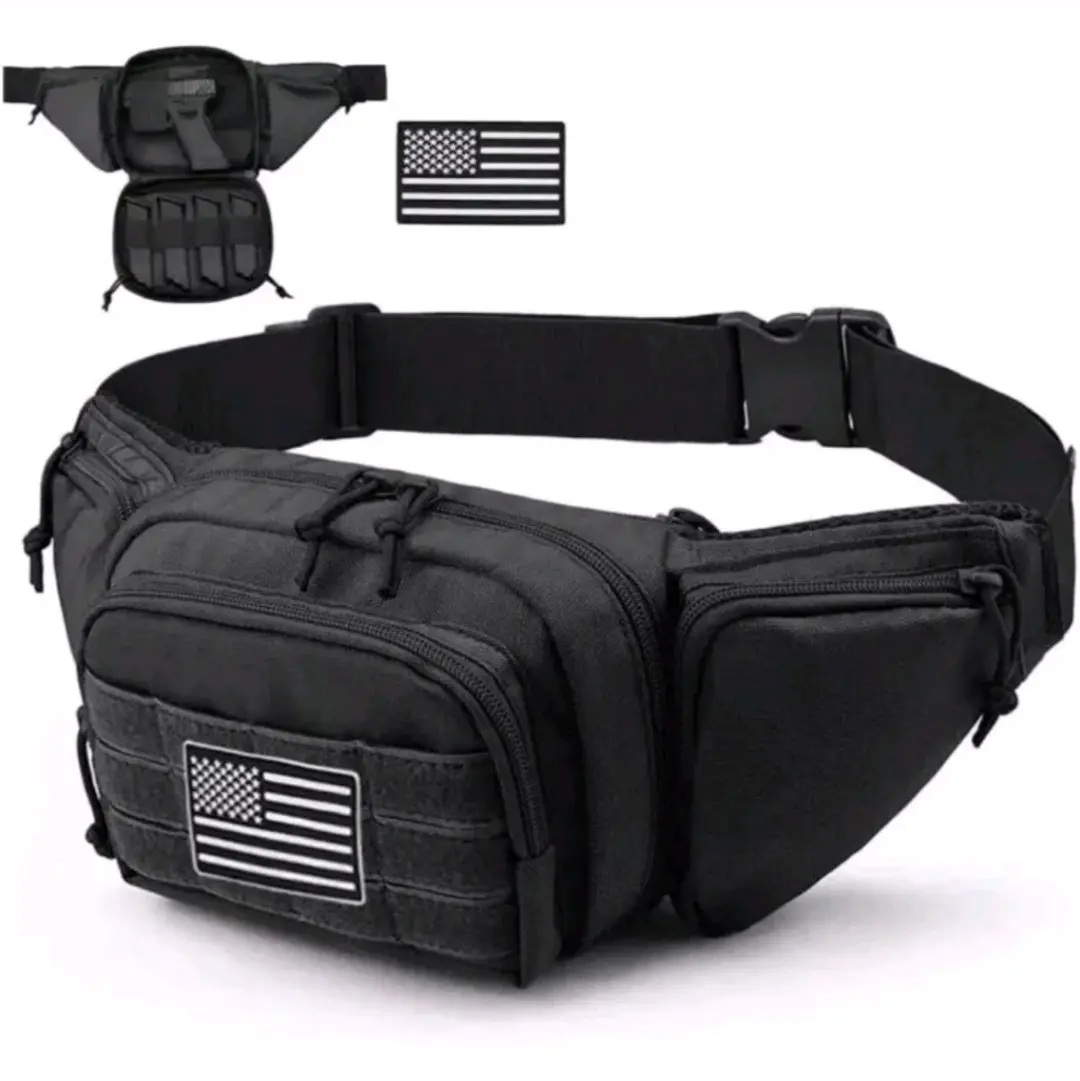 NEW Conceal Carry Fanny Pack One Size Fits Most Black With Velcro Flag. Dimensions: 16.14 x 6.69 x 2.75 inch / L x W x H. The main compartment: 14.96 x 6.3 x 1.77 inch / L x W x H; the large front pocket: 6.69 x 4.92