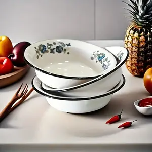 Retro Design Enamel Soup Bowl Thickened Style Scratch-Resistant for Instant Noodles Ideal for Camping and Outdoor Picnics Non-BPA Free Tableware for Household Mixing and Kitchen Washing Supplies Basin
