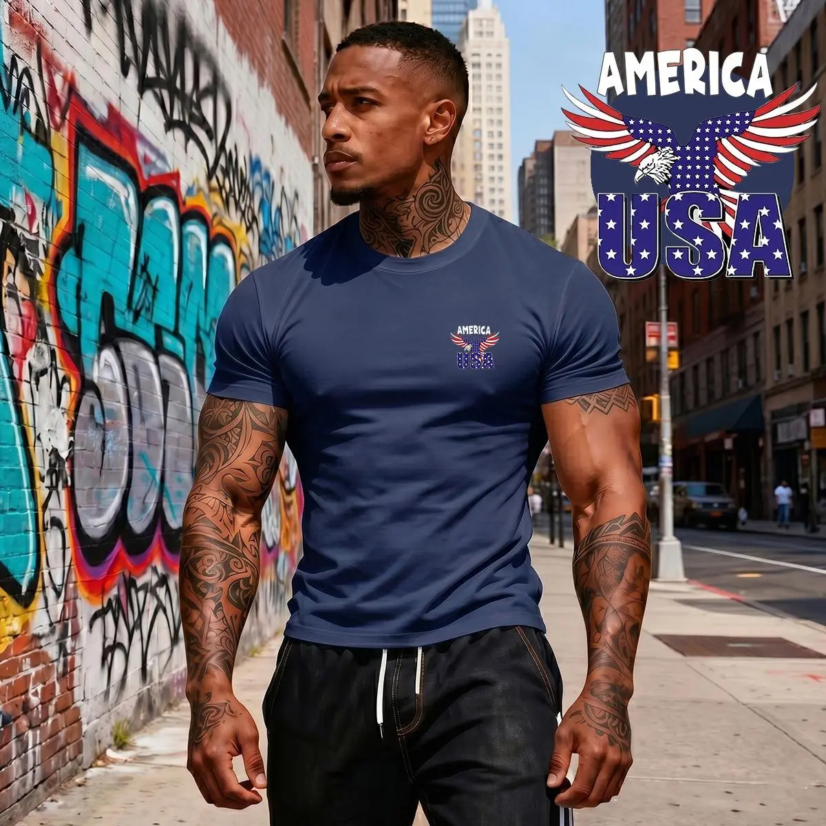 Men’s solid-color T-shirt with creative animal print, regular shoulder fit; polyester quick-dry short-sleeve sports top; lightweight, breathable fitness running T-shirt suitable for summer training, workouts, and exercise.