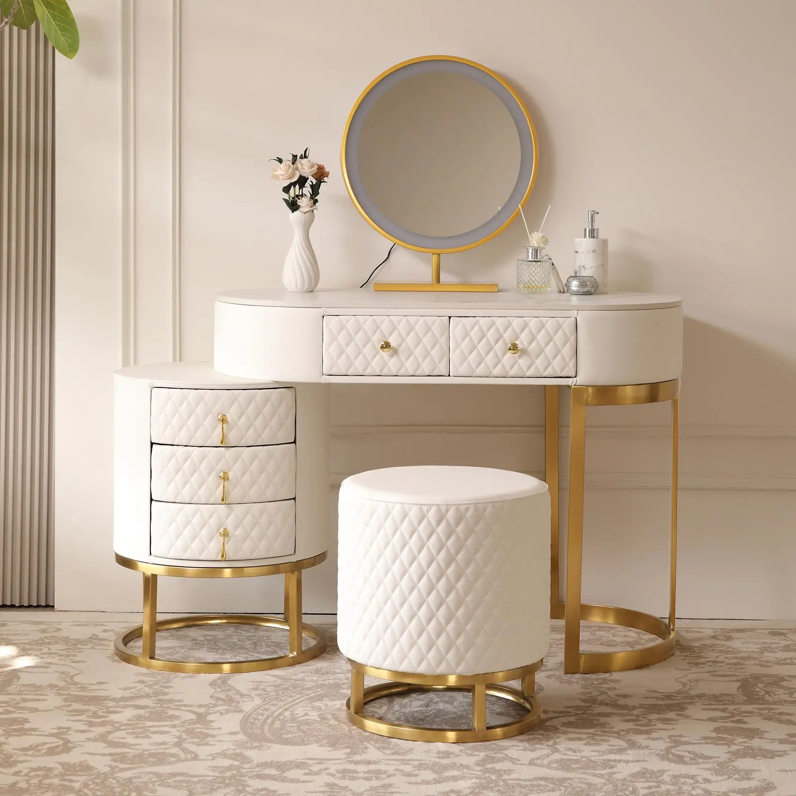 Vantiy Dresser for Bedroom, Storage Drawers, Chest of Drawers with Fabric Bins, Steel Frame, Wooden Top for Kid Room, Closet, Entryway, Nursery Premium White Faux Leather Vanity Desk Set with Integrated LED Mirror, Comfy Stool and Multifunctional Drawers,