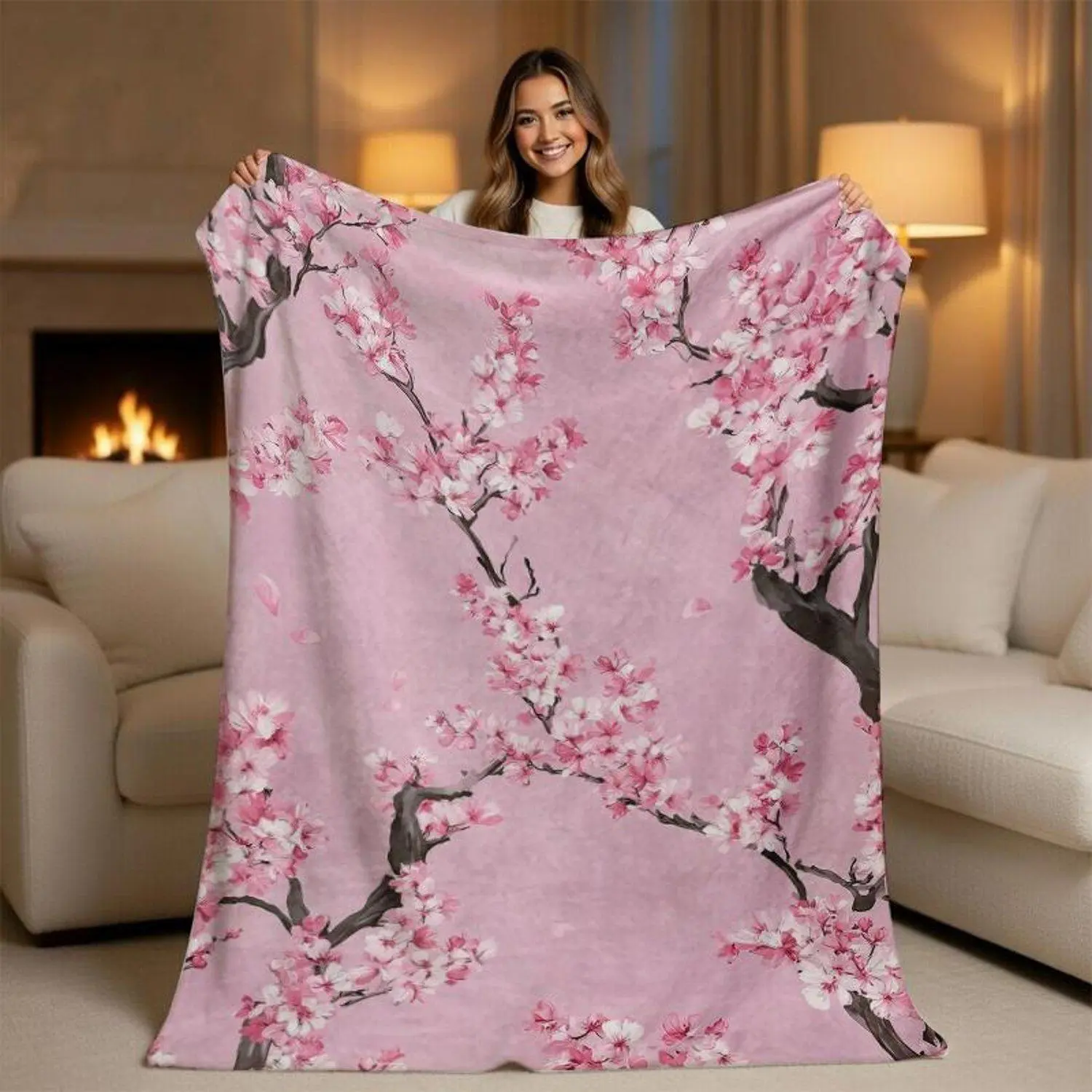 Aesthetic Cherry Blossom Pink Blanket Ultra Soft Plush Fleece Flower Design Cute Pink Asian Style Room Decor Ideal Gift Floral Throw Blanket