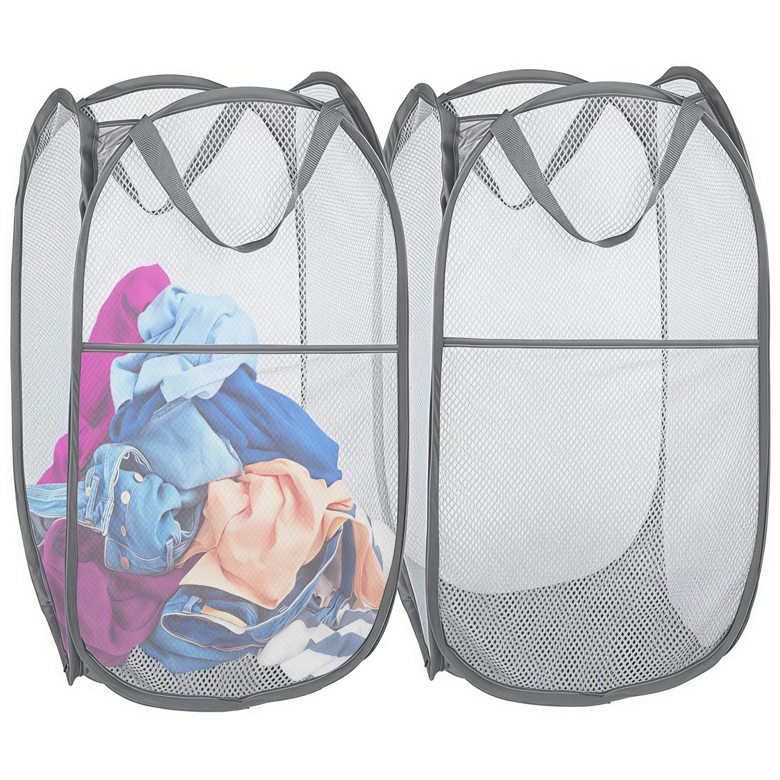 LMMAKE 2Pcs Rectangular Mesh Pop Up Laundry Hamper, Black - Durable Handles, Portable Collapsible Travel Size, Space Saving, Odour Control, Side Pocket, Multi Functional for Dorm Bathroom, Pet Friendly Home Laundry Basket, With Pocket