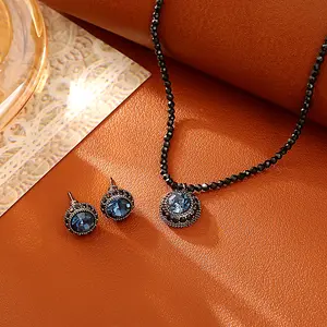 Trendy and cool dark blue zircon pendant necklace, light luxury fashion, unisex, suitable for punk sweater chains and earrings