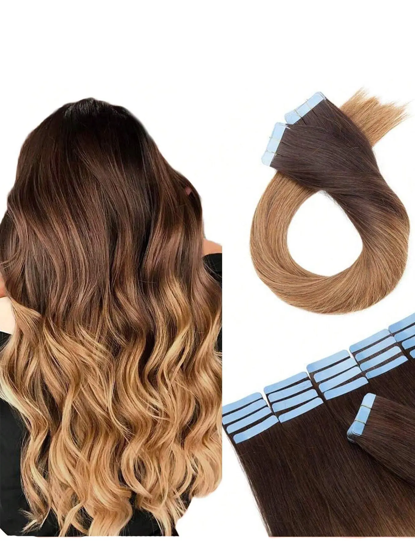 #4T27 20pcs 50g Tape In Hair Extensions  Medium Brown to Dark Blonde Soft Natural Human Hair Extension Silky Seamless Invisible For Women 14-26inches Real Hair Extensions