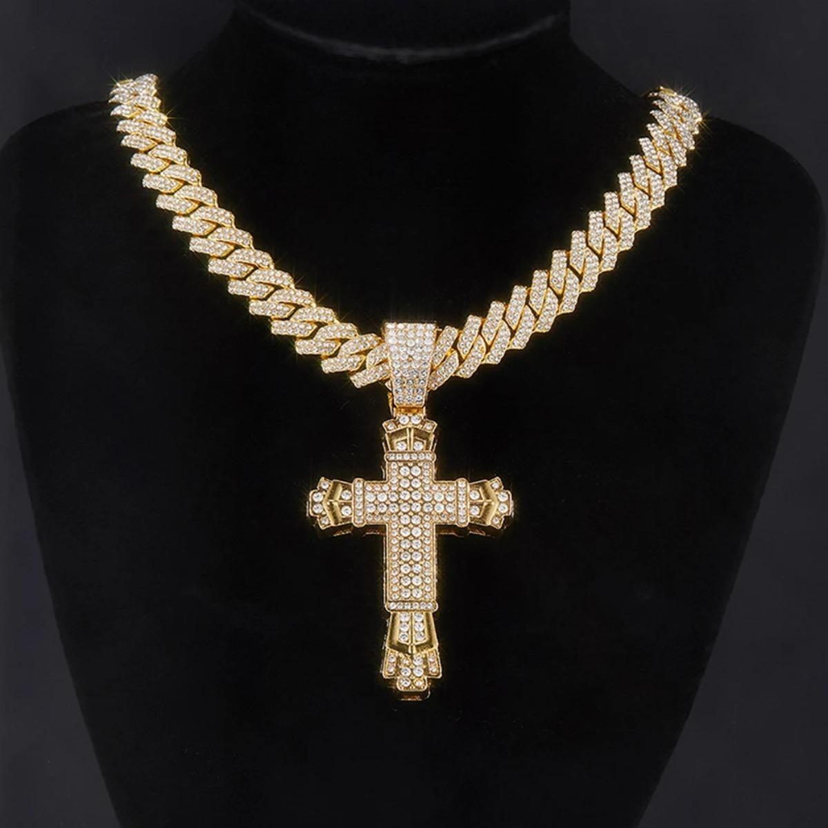 Cross Pendant Necklace Hip Hop Iced Out Cuban Link Chain Full Rhinestone Alloy Jewelry for Men Women
