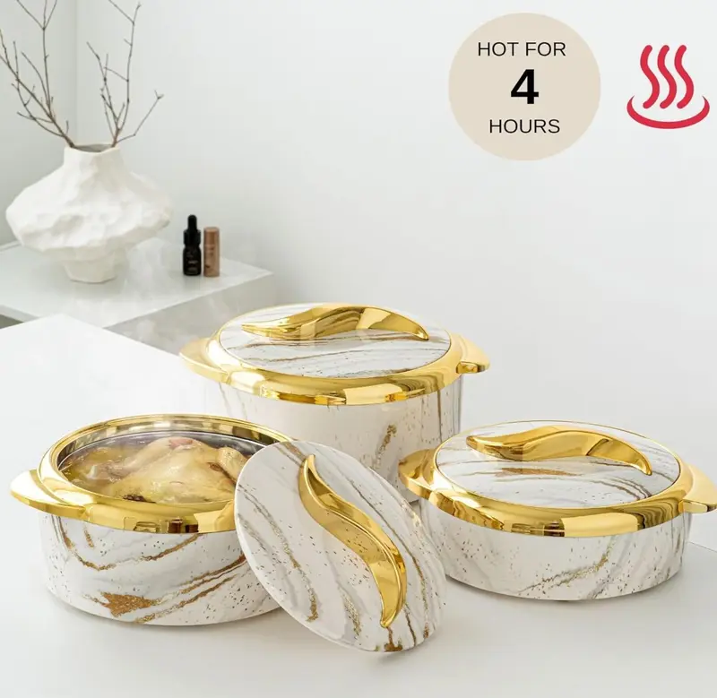 Juvenixs Marble Pattern Food Warmer Set 3-Piece Insulated Casserole Dish Set with Lids – Elegant Thermal Serving Bowls for Hot & Cold Food
