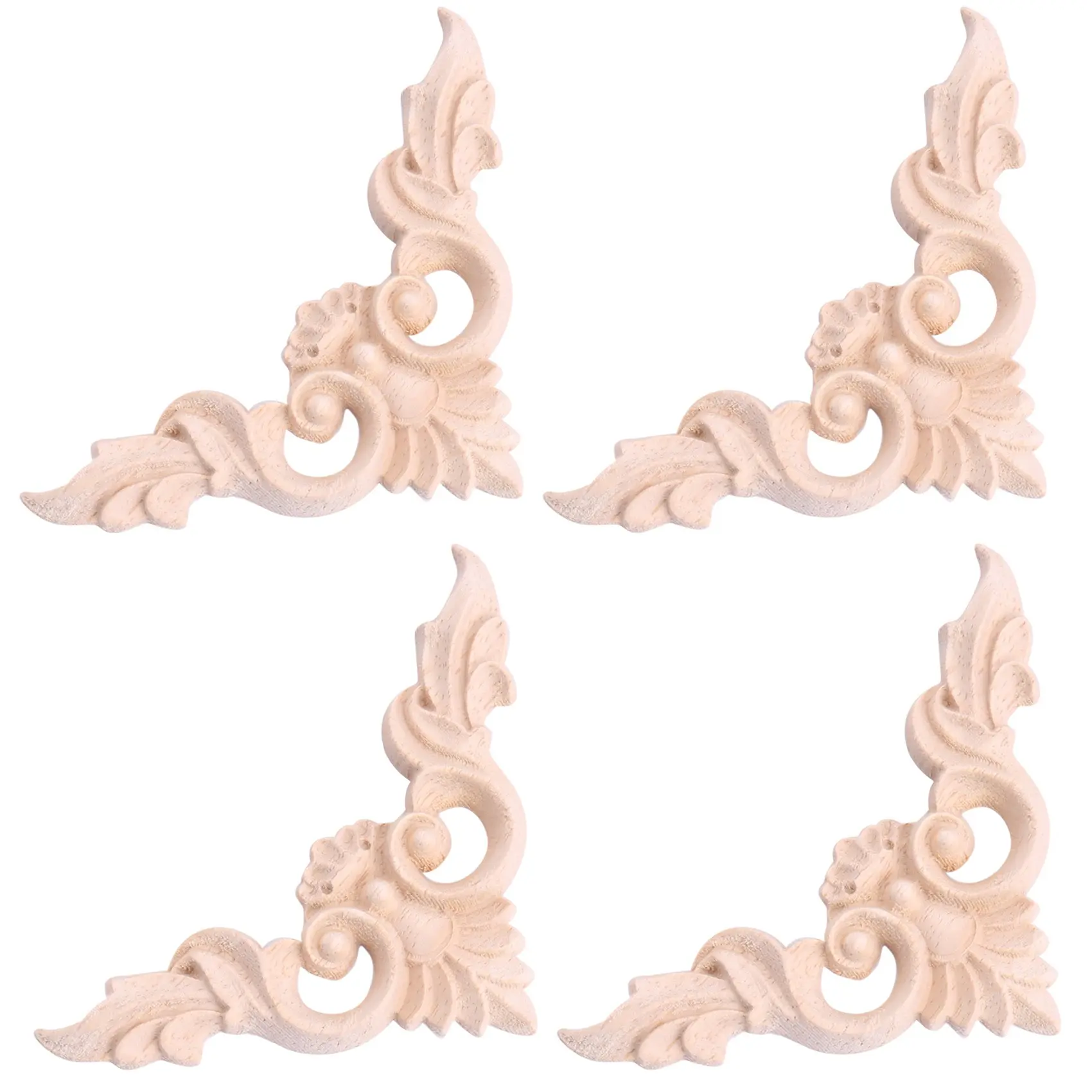 4pcs 8*8cm Unpainted Wood Carved Corner Onlay, Wood Design Applique for Furniture Home Decorations