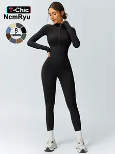 NcmRyu women's jumpsuit with long sleeves stand up collar half zipper design hip lifting and abdominal compression jumpsuit yoga suit gym soft comfortable sports jumpsuit outdoor cycling hiking jogging leisure one-piece jumpsuit Sportswear Jumpsuits