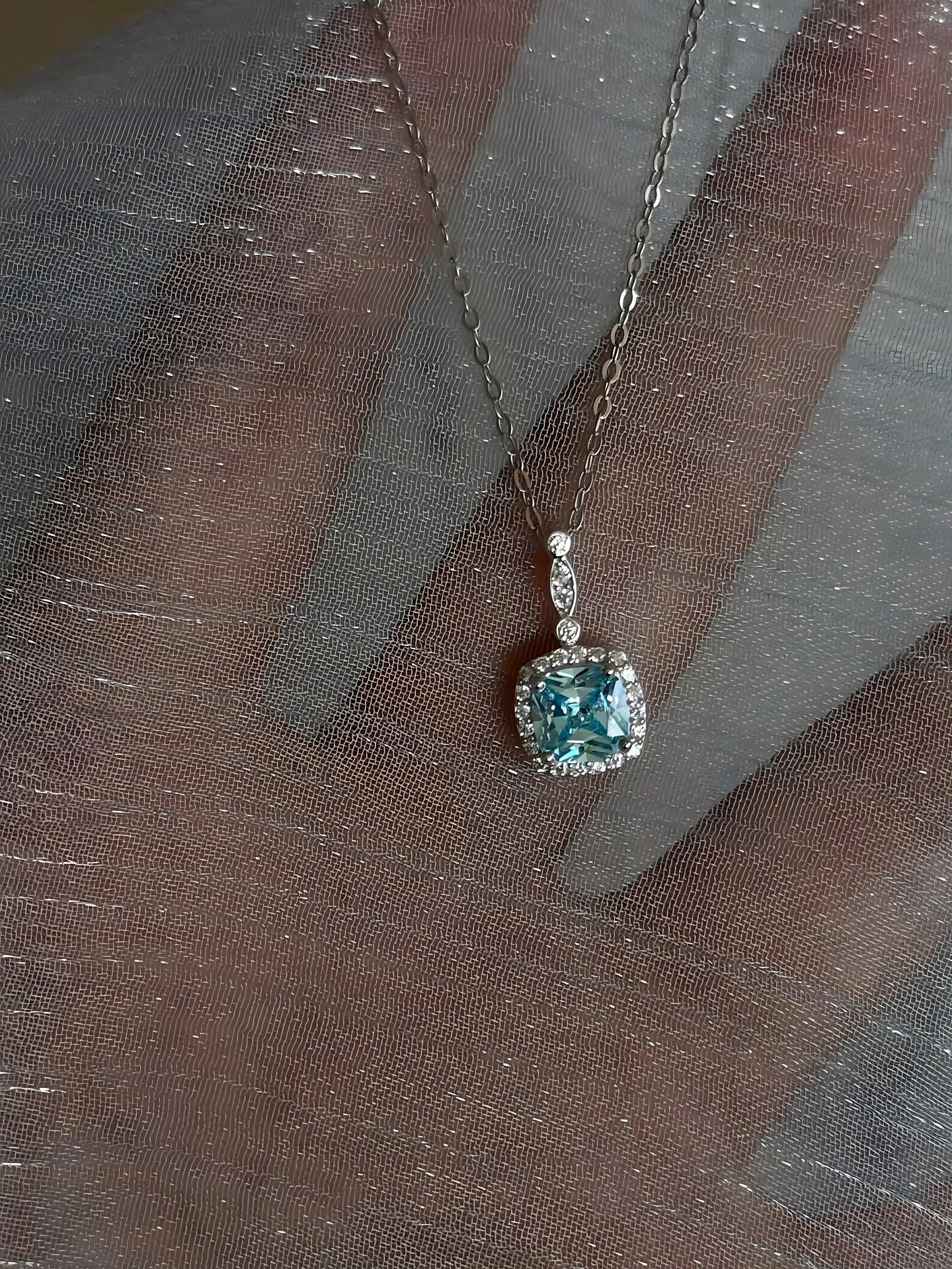 Dainty Hypoallergenic Blue Gemstone Necklace, CZ Halo, Perfect for Daily/Date, a Thoughtful Gift  Sensitive Skin-Safe Aquamarine Necklace, Adjustable Chain, a Surprise Gift for Anniversary/Prom